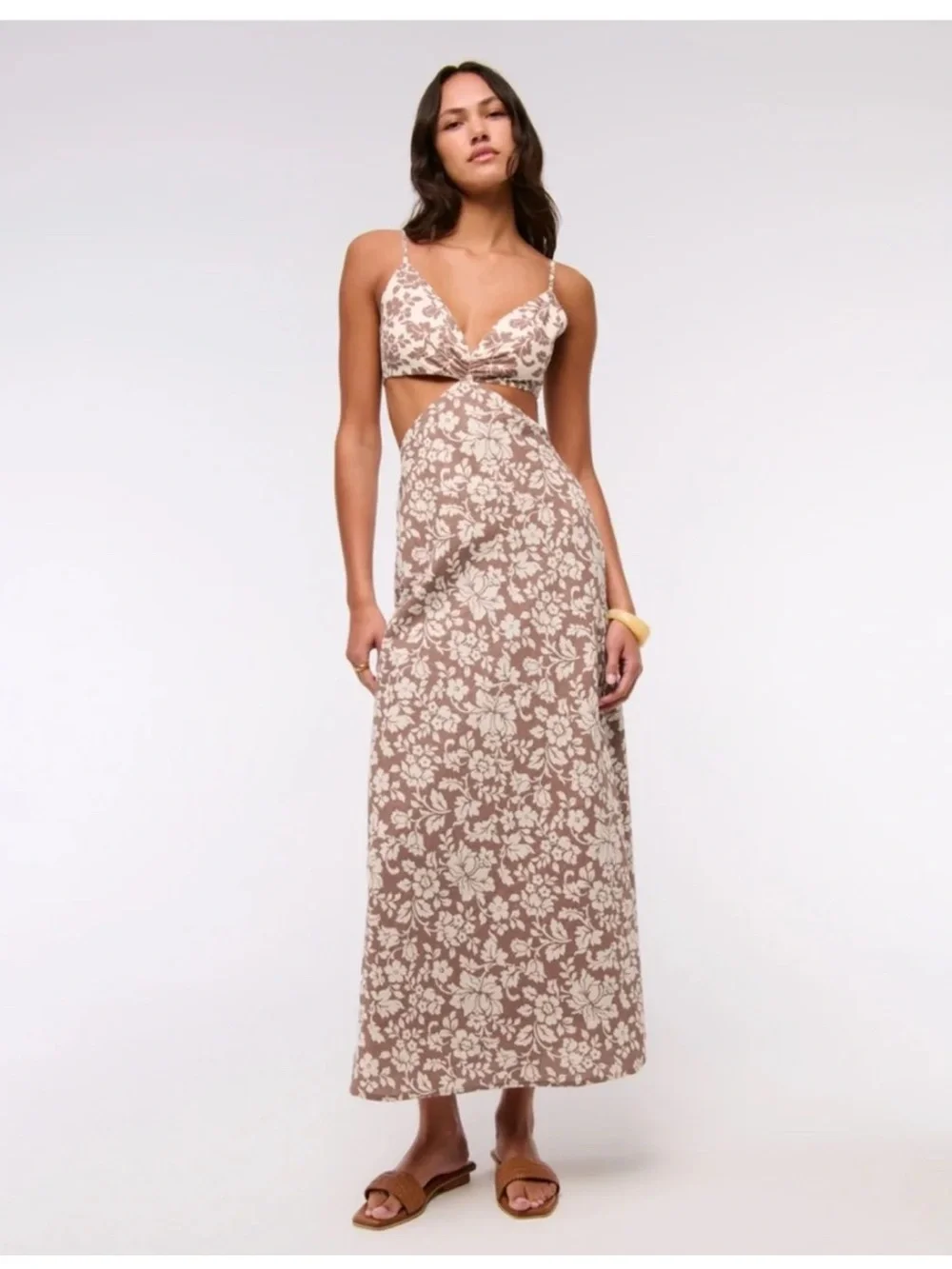 Abercrombie & Fitch Brown and Cream Floral Cutout Maxi Dress